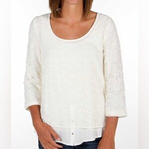 Daytrip Lace Overlay Top, medium, Back keyhole uneven hem top